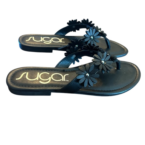 Sugar Black  Flat Thong Sandals Floral Band NEW Size 8.5 - Picture 4 of 10